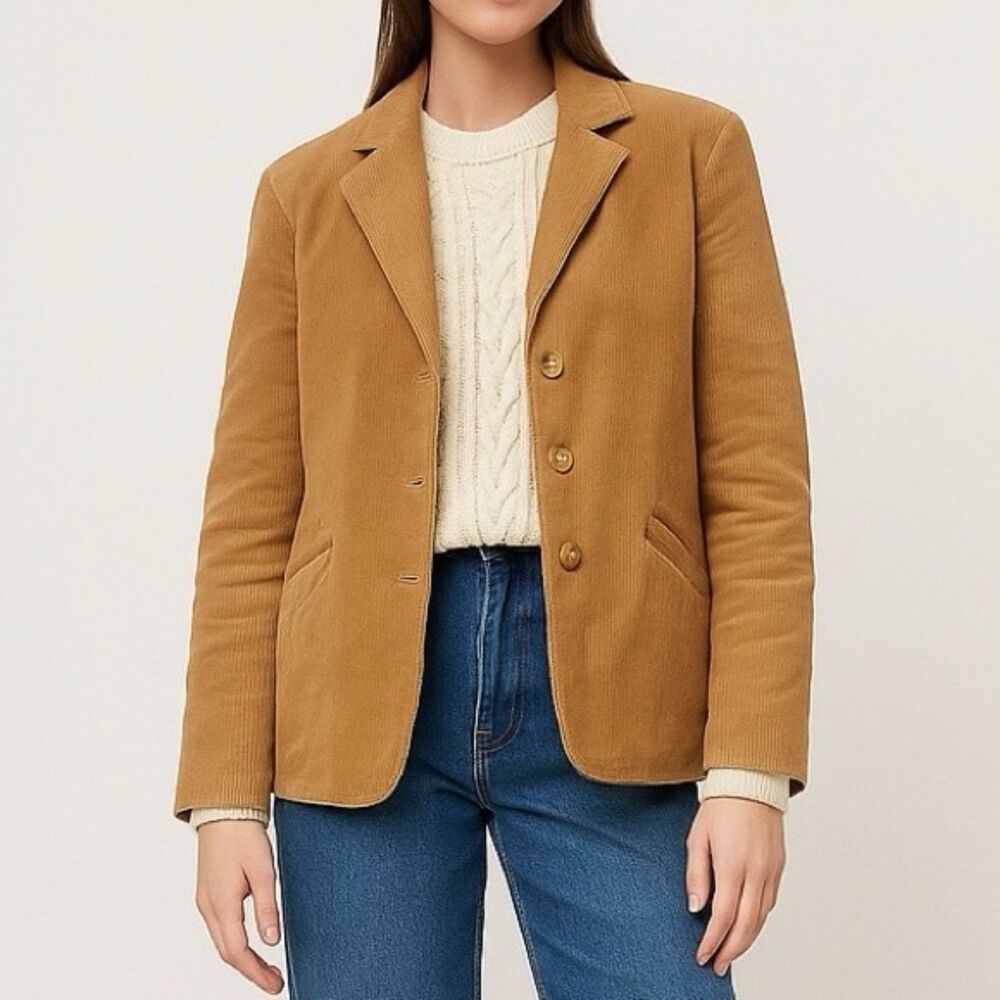 Vintage 1980s L.L. Bean Tan Camel Cotton Corduroy Blazer Jacket Women’s Size 18